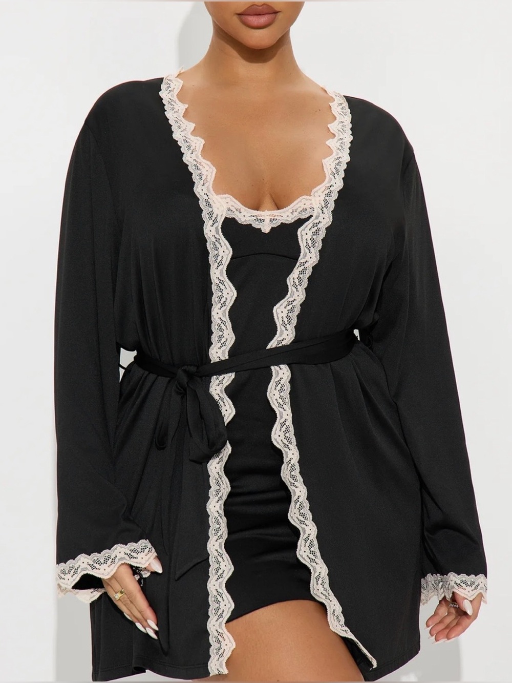 Fashion Nova Cherie Black 3-piece Robe and Chemise Set with Cream Lace Trim
